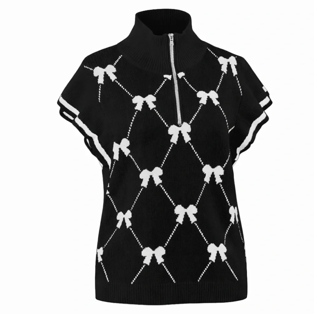 S113 Bow Print Ruffle Cap Sleeve Soft Zip Mock Neck Convertible Lapel Sweater - Picture 2 of 6